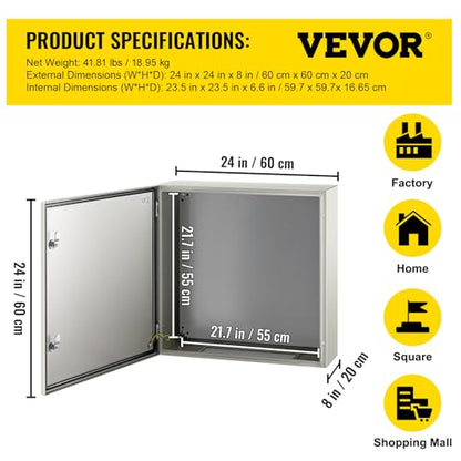 VEVOR NEMA Steel Enclosure, 24 x 24 x 8'' NEMA 4X Steel Electrical Box, IP66 Waterproof & Dustproof, Outdoor/Indoor Electrical Junction Box, with Mounting Plate - size: 24 x 24 x 8