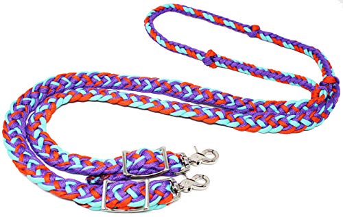 CHALLENGER Horse Western Nylon Braided 8 Ft. Knotted Roping Barrel Reins Purple Teal Orange 60737 - color: Purple / Orange / Turquoise
