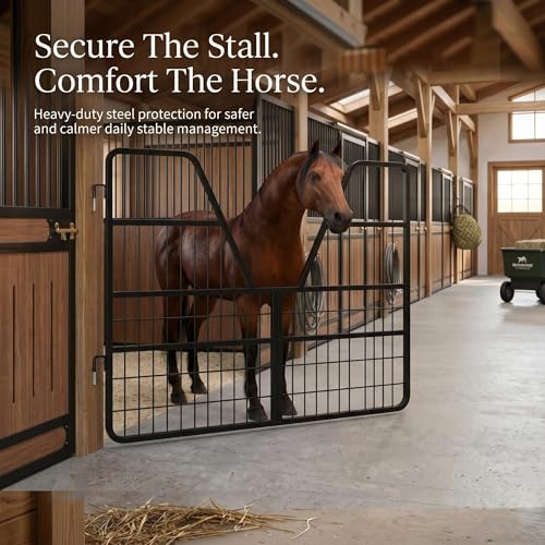 Thick Steel Livestock Gate, Stall Guards for Horses with Ventilated Double Grid and Secure Quick Release Latch, Horse Stall Gate for Horse Farm, Ranch and Pen - size: Three-layer Floor 52 x 42 inch
