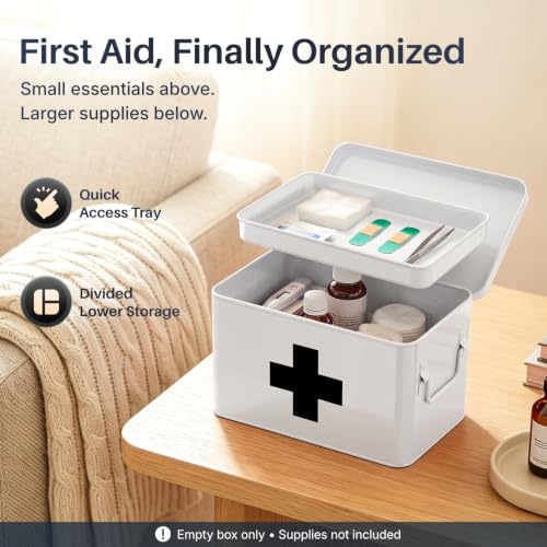 Flexzion Large Metal First Aid Box Empty, 8.5-Inch, White with Black Cross - color: White - Black Cross, size: 8.5 Inch without Latch Lock