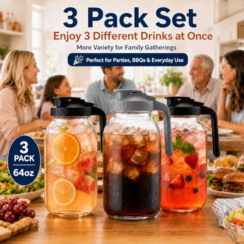 3 Pack 64 oz Pitchers with Lids, Half Gallon Glass Drink Pitchers - color: 3 BLACK