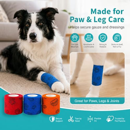 Dog Bandage Wrap, 6 Rolls 2" x 5 yd Med Print Pet Tape - color: PE-6ROLL-2IN