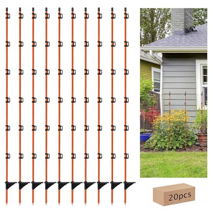 20Pcs 45in Electric Fence Post Fiberglass Stakes Temporary Fence | Electric Fence Post Temporary Fence Stakes with Clips for Cows, Sheep&Animals, Garden Protection Pole for Livestock Control