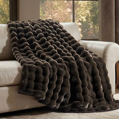 EverGrace Faux Rabbit Fur Bubble Throw Blanket, 60"x80", Dark Brown - color: Dark Brown, size: 60"x80"