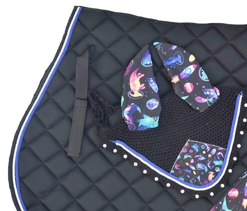 Dinasour Print Saddle Pad Set with Matching Ear Bonnet – Animal Print Horse Riding Gear – Non-Slip & Breathable – Western/English Show