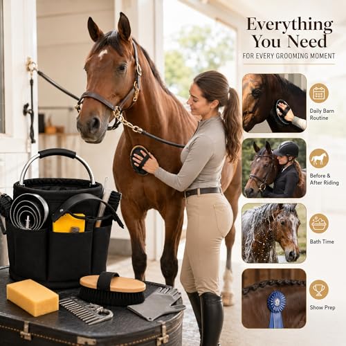 Horse Grooming Kit, 15-Piece Horse Brush Set with Tote Bag, Long Shedding Blade, Hoof Pick, Curry Comb, Sweat Scraper, Mane and Tail Comb, Gloves, Equine Grooming Supplies, Black - color: Black