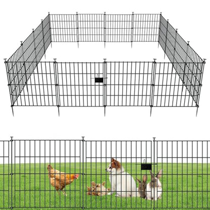 10 Panels No Dig Metal Garden Fence 24"H x 20' L Dog Fence Outdoor for Yard | Rustproof welded metal with ground stakes for outdoor yards, patios. Modular design restrains pets, rabbits and small animals - size: 10 Panels-20 ft(L) X 24 in(H) with Gate