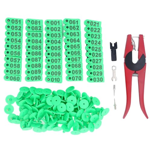 100 Pcs Livestock Ear Tags for Sheep Goat Cattle Pig 001-100 Number, Green - color: Green Ear Tag With Red Pliers With 2 Ear Tag