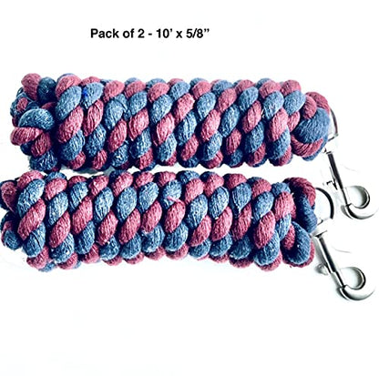 Majestic Ally Pack of 2 Solid Cotton Lead Rope for Horses & Livestock – 10 Foot Long and 5/8 inch Thick - Replaceable Heavy-Duty Satin Bolt Snap – Handmade – Soft, Broken in Feel (Navy -Burgandy) - color: Navy -Burgandy
