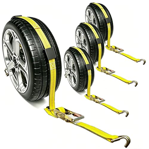 Auto Hauler Straps for Trailer Heavy Duty 2" x 10' Vehicle Tie Down Kit-10,000lb Guaranteed Break Strength-(4) Premium Ratchet Strap with Rubber Blocks Wheel Tie-Downs for Truck, UTV