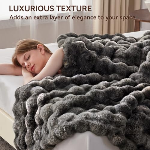 Anysay Faux Fur Throw Blanket, 1000GSM Fluffy Soft Bubble Blanket 50''*60'' - color: Grey, size: Throw