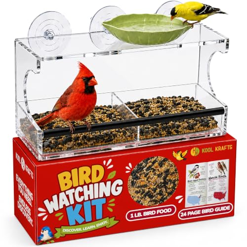 Kool Krafts Window Bird Feeder Kit for Kids & Families – Includes 1 lb USA Made Bird Food, 24-Page Educational Bird Guide Booklet, Removable Tray & Water Cup
