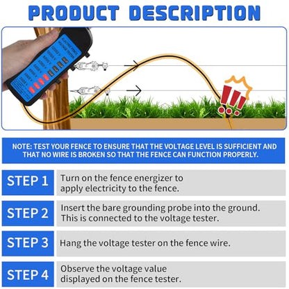 Electric Fence Voltage Tester, 12KV Digital Electric Fence Tester, Handheld Electric Fence Fault Finder, Farms Fault Troubleshooter with 8 Neon Indicator Lights