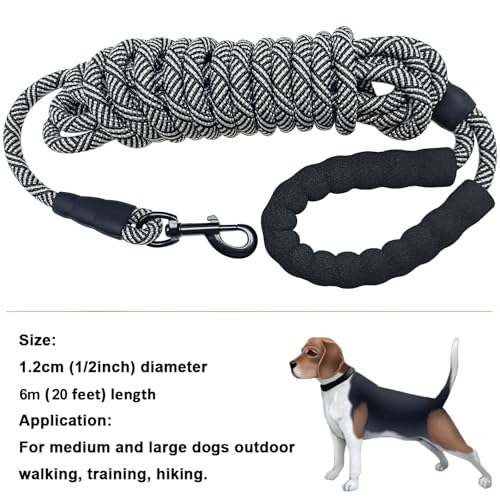 MayPaw Heavy Duty Rope Dog Leash, 3/4/6/7/8/10/12/15/20/30 FT Long Dog Lead Nylon Pet Leash, Soft Padded Handle Thick Lead Training Leashes for Large Medium Dogs (20ft * 1/2", Black) - color: black, size: 1/2" * 20'