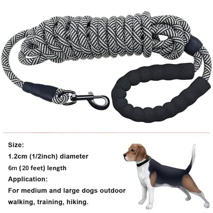 MayPaw Heavy Duty Rope Dog Leash, 3/4/6/7/8/10/12/15/20/30 FT Long Dog Lead Nylon Pet Leash, Soft Padded Handle Thick Lead Training Leashes for Large Medium Dogs (20ft * 1/2", Black) - color: black, size: 1/2" * 20'