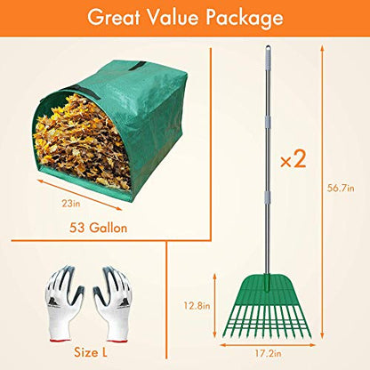 Gardzen 12 Tines Gardening Leaf Rake | Lightweight Steel Handle, Detachable, Ideal Camp Rake, Comes with Dustpan-Type Garden Bag - style: 2 Packs