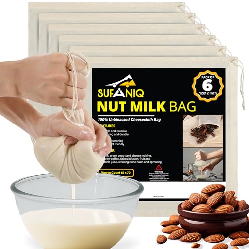 SUFANIQ Nut Milk Bag - 6 Bags (12 x 12 Inch) 100% Unbleached Cotton Cheese Cloth Bag for Straining, Premium Nut Milk Bag Reusable, Nut Bag Strainer for Almond, Soy, Oat Milk, Juices, Cheese Making - size: 12x12 / 6 pieces