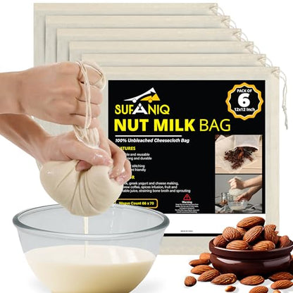 SUFANIQ Nut Milk Bag - 6 Bags (12 x 12 Inch) 100% Unbleached Cotton Cheese Cloth Bag for Straining, Premium Nut Milk Bag Reusable, Nut Bag Strainer for Almond, Soy, Oat Milk, Juices, Cheese Making - size: 12x12 / 6 pieces