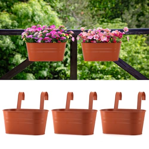 3 Pack Metal Railing Planters, 10.5" Oval Hanging Flower Pots with Detachable Hooks & Drainage Holes, Fits Rails up to 2.36", Galvanized Iron Fence Bucket for Balcony Garden Patio - Terracotta - color: Terracotta, size: 3 Pack, 10.5"L x 5.7"W x 4.7"H