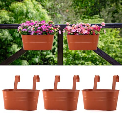 3 Pack Metal Railing Planters, 10.5" Oval Hanging Flower Pots with Detachable Hooks & Drainage Holes, Fits Rails up to 2.36", Galvanized Iron Fence Bucket for Balcony Garden Patio - Terracotta - color: Terracotta, size: 3 Pack, 10.5"L x 5.7"W x 4.7"H