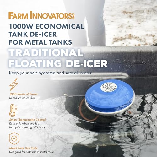 Farm Innovators Economical 1000 Watt Floating Tank De-Icer with Thermostatically Controlled for Metal Tanks, Patio, Lawn and Garden, Blue