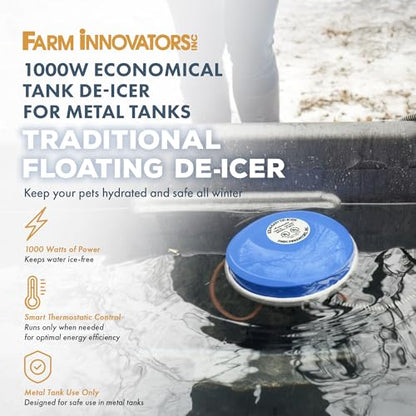 Farm Innovators Economical 1000 Watt Floating Tank De-Icer with Thermostatically Controlled for Metal Tanks, Patio, Lawn and Garden, Blue