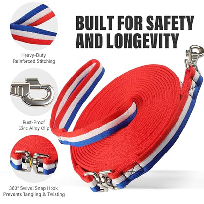 26FT Horse & Dog Training Leash - Lunge Line with 360° Swivel Snaps - color: Red/White/Blue
