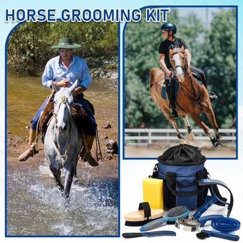 Cunhill 9 Pcs Horse Grooming Kit Tack Room Supplies, Classic, Dark Blue - color: Dark Blue, style: Classic