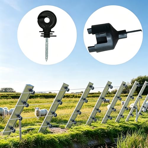 25 Pcs Black Electric Fence Insulator Ring Post Self-Tapping Insulator with Socket Tool for Wood Post, High Resistance Insulating Nails for Livestock Fence, Pasture, and Ranch