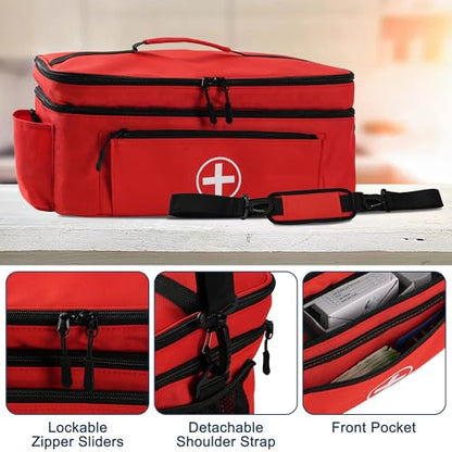 Medicine Organizer and Storage Bag Empty, Family First Aid Box, Pill Bottle Organizer Bag for Emergency Medication, Supplements or Medical Kits, Zippered Medicine Bag for Home and Travel (Red)