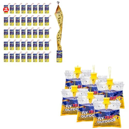 Disposable Fly Traps 6 Pack Bags Outdoor & 40 Pack Fly Traps Strips Indoor Outdoor