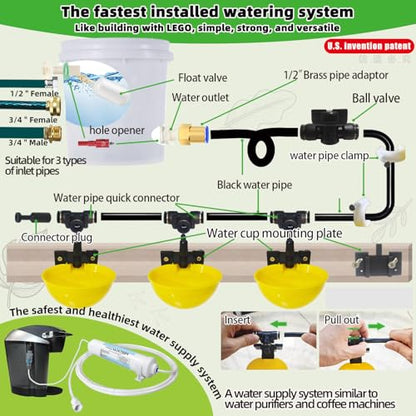 Complete Set Pipeline Automatic Chicken Waterer System, Innovative Quick-Connect Water System with Large Size Water Cups Removable and Washable, 21ft Pipeline and Float Valve (Yellow, 10Cups) - size: 10Cups