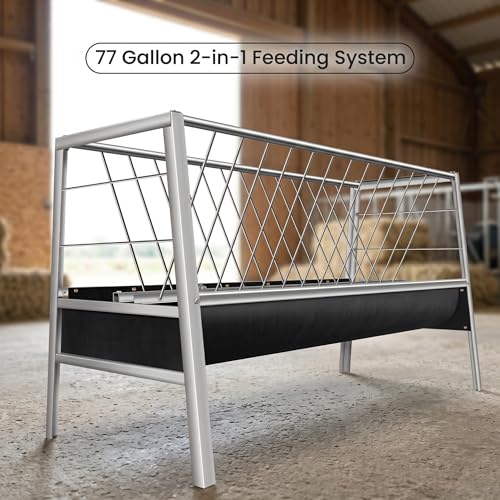 Livestock Trough, 2 in 1 Pasture Hay Dispenser 55 Gallon Livestock Trough with 22 Gallon Feeding Pan, Stainless Steel Goat Hay Holder for Goats Sheep Calves and Horses