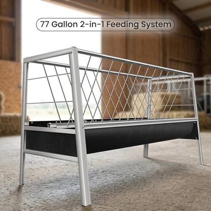 Livestock Trough, 2 in 1 Pasture Hay Dispenser 55 Gallon Livestock Trough with 22 Gallon Feeding Pan, Stainless Steel Goat Hay Holder for Goats Sheep Calves and Horses