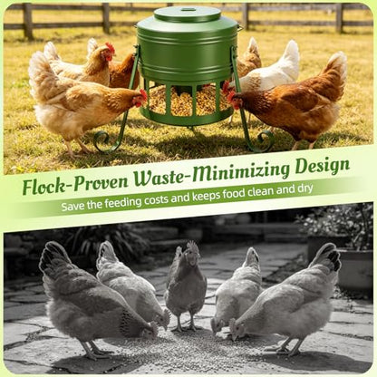 Metal Chicken Feeder, 20Lbs Large No Waste Chicken Feeder with 12 Ports, Heavy Duty Poultry Feeder with Lid & Handle, Rat Proof Rust Proof Feed Box for Chickens Ducks Geese Backyard Farm (Green) - color: Green