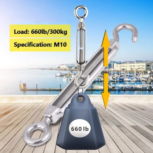 Turnbuckle Lsqurel 10PCS 304 Stainless Steel Turnbuckle Hook and Eye Heavy Duty M4 M6 M8 M10 Tensioner Adjustable Shade Sail Hardware for Tightening up Metal Cable Wire 5/32 1/4 5/16 3/8 - style: M10 - 10pcs
