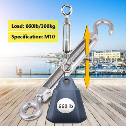 Turnbuckle Lsqurel 10PCS 304 Stainless Steel Turnbuckle Hook and Eye Heavy Duty M4 M6 M8 M10 Tensioner Adjustable Shade Sail Hardware for Tightening up Metal Cable Wire 5/32 1/4 5/16 3/8 - style: M10 - 10pcs