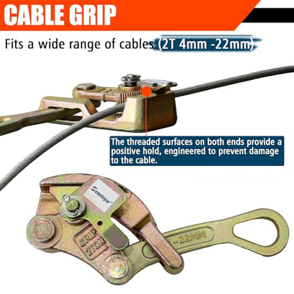 Zipline Tensioning Kit, Come Along Winch 4400lbs with Cable Grip Steel Wire Puller Tools& 2 Hooks, Portable Steel Cable Puller for 3/16" to 1/2" Cable, Cable Winch Puller - color: 2 Ton