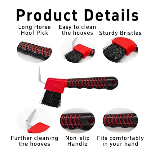Red Horse Hoof Pick Brush, Soft Grip Handle with Stiff Bristles for Effective Hoof Cleaning Portable Grooming Tool - color: Red