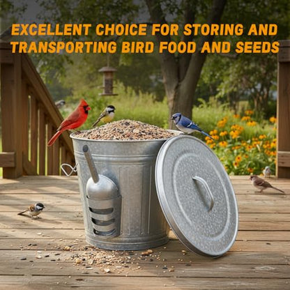 Yungyan 2 Pcs 4.5 Gallon Bird Seed Containers Storage Galvanized Steel Metal Food and Seed Locking Bucket Bin with Scoop, Rustic Farmhouse Feed Containers, Disassembled Outer Frame