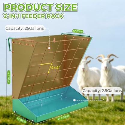 2 in 1 Wall Mount Hay and Grain Feeder, 25 Gallons Livestock Feeder | Galvanized Steel Wall Hay Rack, Hanging Hay Feeder with Mounting Kit for Goats Sheep Horse, Slow Feeder for Goats with Trough