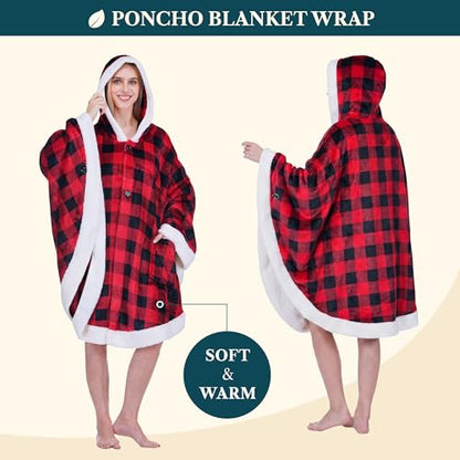 PAVILIA Hooded Blanket Poncho, Fleece Wearable Shawl Wrap Throw, Plaid Red | Fleece Shawl Wrap with Hood, Adult Wearable Blanket, Cozy Warm Poncho Cape Throw with Pockets, Gift for Elderly Mom - color: Checker Red
