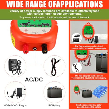 8 Mile Electric Fence Kit for Livestock, 12kv 2J Electric Fence Charger 50 Black Insulator 1 Socket Tool 250ft Aluminum Wire for Predators Deterrent Farm Fencing System