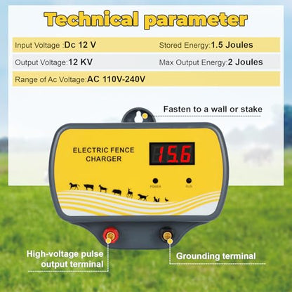 Electric Fence Charger 12V Input to 12KV Output, 2 Joule, 120 Acre Plug-in Electric Fence Energizer for Wildlife Control & Animal Intrusion Prevention - style: Normal electric fence energizer