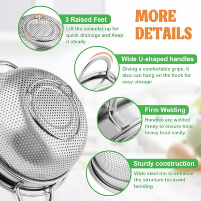 P&P CHEF 3 Quart Colander Strainer Stainless Steel Kitchen, 1PC
