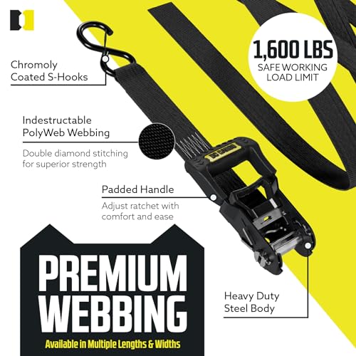 DC Cargo Mall Ratchet Straps Tie Downs 4 Pack (5,000 LB Break Strength) 1.5" x 15 Feet Tie Down Straps with Safety Lock S Hooks for Cargo, Trucks, Appliances, Moving. - size: 1.5" x 15' Kit