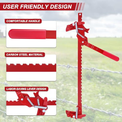 Steel Wire Fence Stretcher Tool, Wire Fence Splicer Repair Tool | Fence Stretcher Splicer, Long Arm Labor Saving Design, All Purpose Wire Fence Stretcher for Barbed & Smooth Wire, Red - color: Red