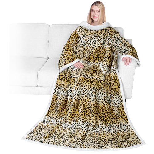 PAVILIA Sherpa Wearable Blanket with Sleeves and Pocket, Plush Thick Cozy Body Blanket Wrap for Adult Women Men, Christmas Gift for Wife Mom, Leopard Cheetah - color: Cheetah