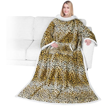 PAVILIA Sherpa Wearable Blanket with Sleeves and Pocket, Plush Thick Cozy Body Blanket Wrap for Adult Women Men, Christmas Gift for Wife Mom, Leopard Cheetah - color: Cheetah