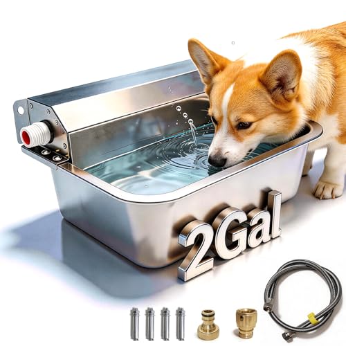Automatic Dog Water Dispenser 2 Gallons, 304 Stainless Steel Dog Water Bowl for Indoor/Outdoor, Large Water Bowl for Pets & Livestock, Anti Tip, Wide Mouth, Water Auto Fill, Fit GHT 3/4" Faucet